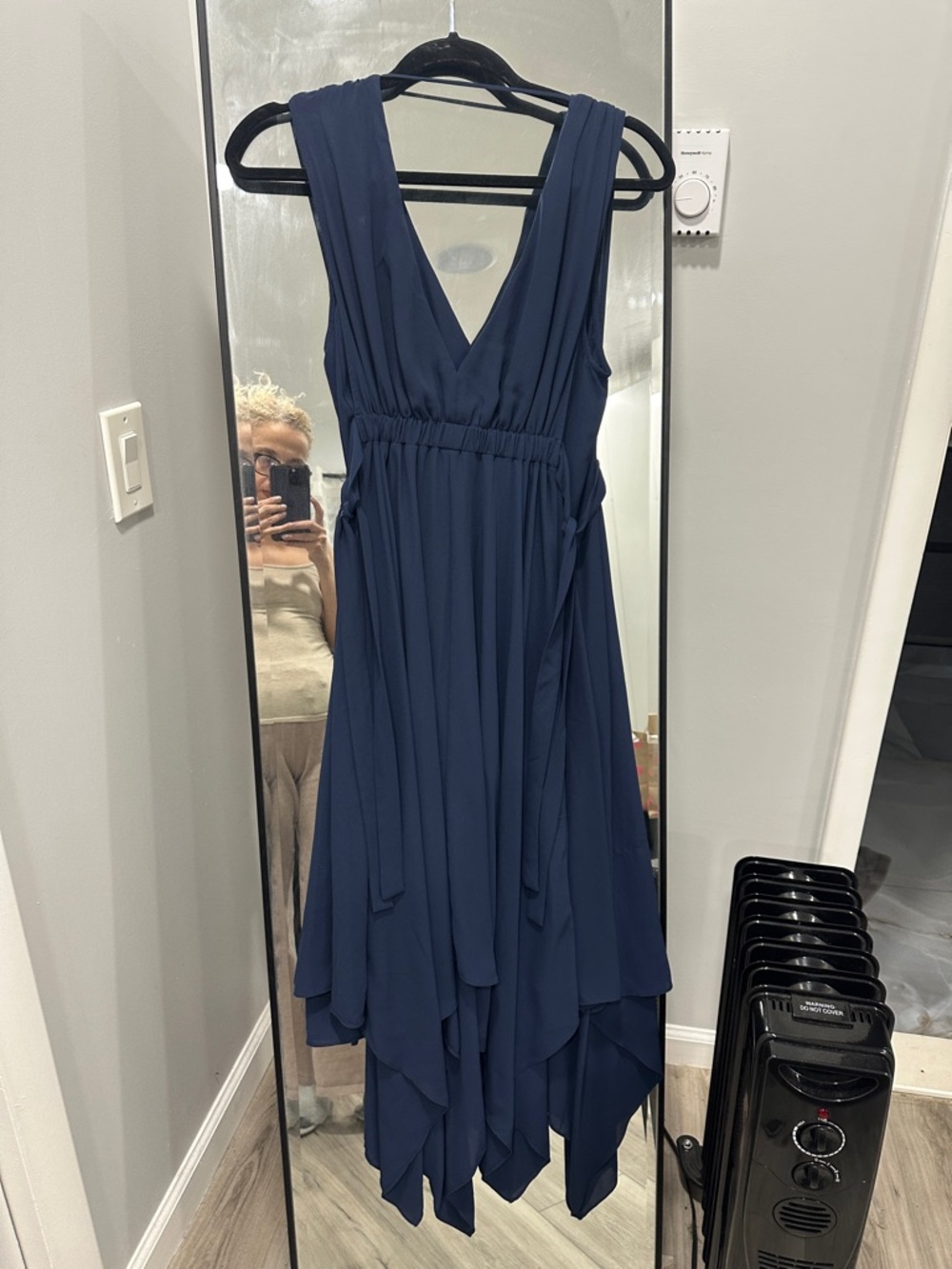BCBGMaxAzria Navy V-Neck Handkerchief-Hem Dress